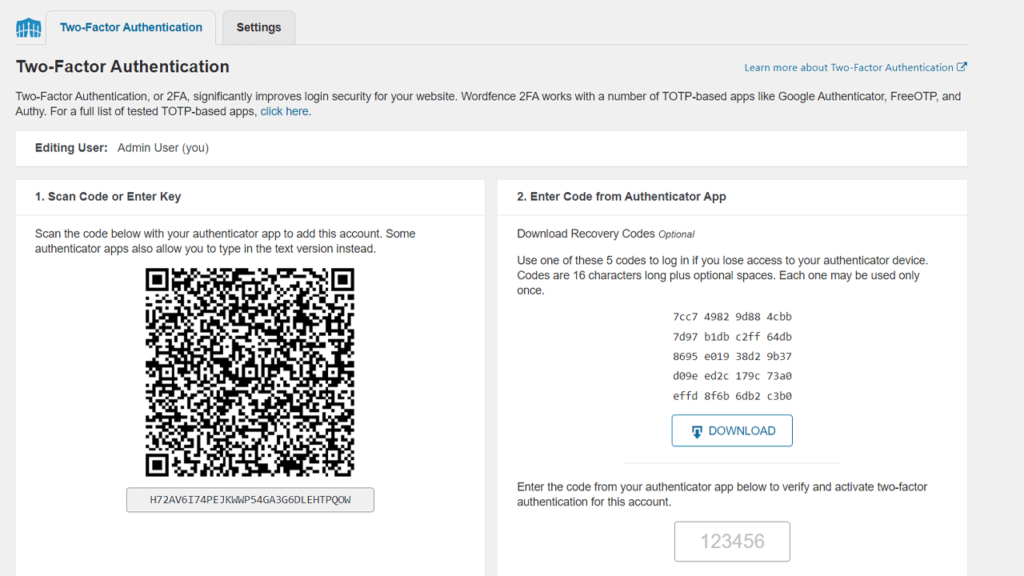 Wordfence Two-Factor Authentication Wordpress security