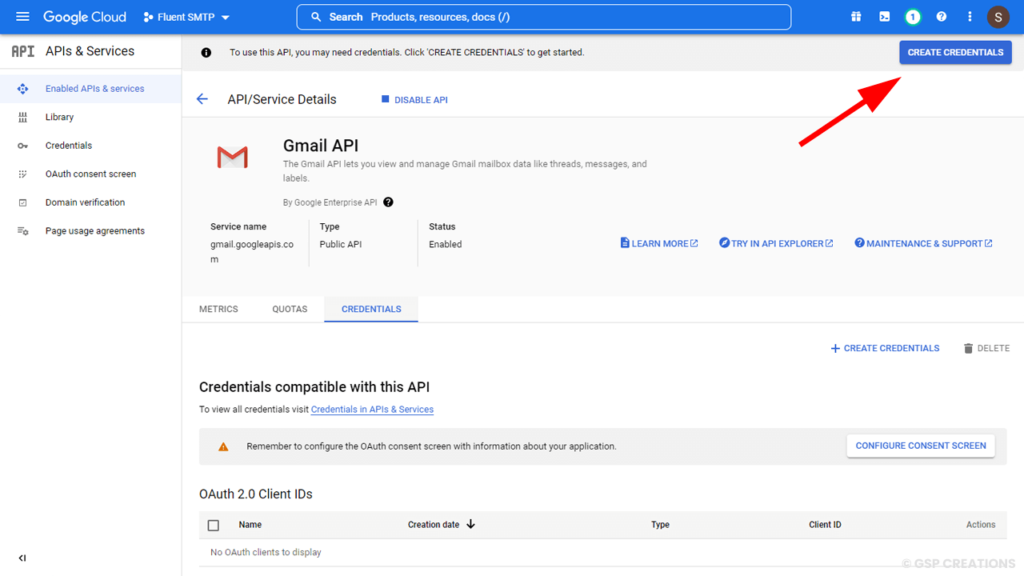 smtp gmail API create credentials
